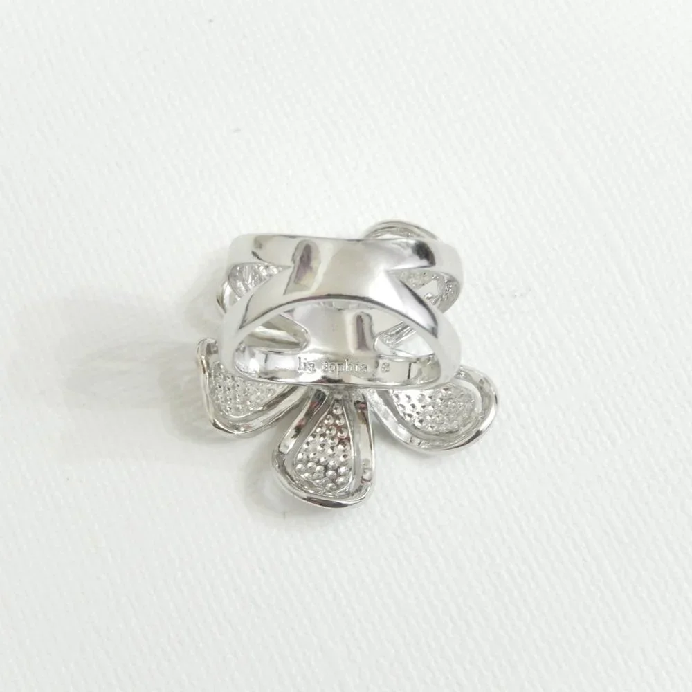 New Lia Sophia Ring Wild Rose Silver Crystal Flower Glam Bling Size 8